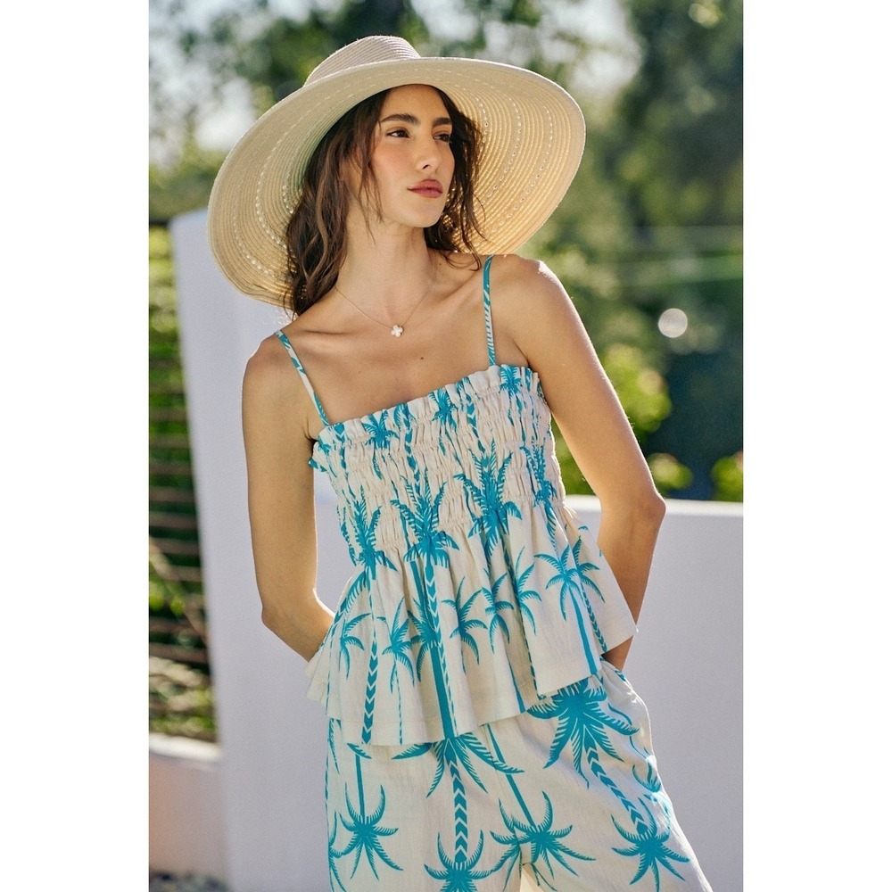 SO ME Palm Tree Smocked Bodice Adjustable Cami Top - Blue - Medium - Picture 16 of 16